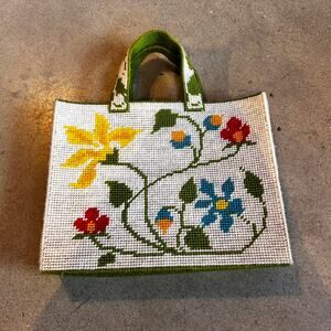 Vintage 1970s Needlepoint Flower Tote Bag